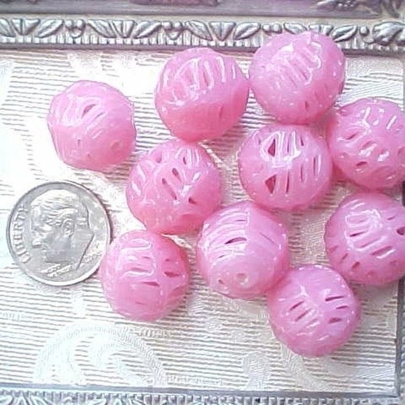 10 Vintage Bubblegum Opal Pink Netted Lace Czech Handmade Lampwork Beads 14mm - Picture 2 of 6